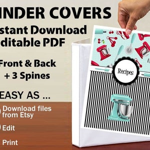 May include: Printable binder covers with a teal and red kitchen theme. The covers feature a pattern of kitchen mixers, cherries, and rolling pins. The text "Recipes" is on the front cover.