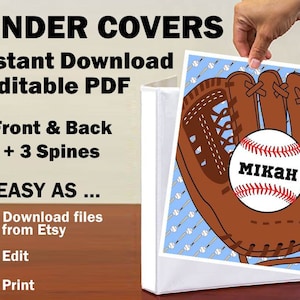 Binder Covers Inserts Boy School Student Teacher Sports Baseball Glove Personalize Name 3 Spines DIY Editable PDF Printable Instant Download