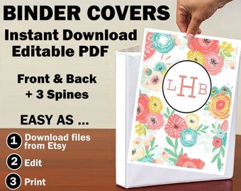 Editable Printable Binder Folder Covers Insert Floral Flowers Pastel Blooms Monogram Back To School Student Teacher DIY Instant Download PDF