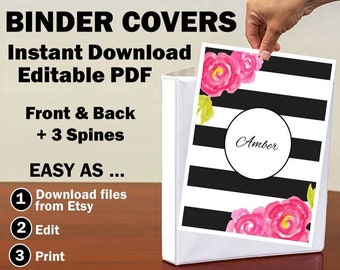 Editable Binder Covers Folder Inserts With Spines Kate Style Water Color Roses Stripe School Student Teacher Custom Name Printable Download