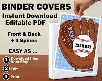 Binder Covers Inserts Boy School Student Teacher Sports Baseball Glove Personalize Name 3 Spines DIY Editable PDF Printable Instant Download