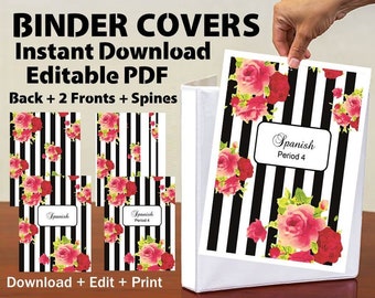 Editable Binder Covers Inserts With Spines Folder Watercolor Flowers Stripe School Student Teacher Name Subject Printable Instant Download