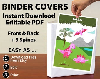 Editable Binder Cover Folder Insert Pink Dinosaurs Childrens School Student Teacher Name Digital Printable Instant Download PDF