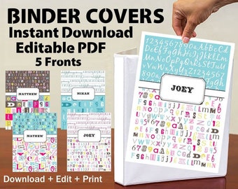 Editable Binder Covers Letters Alphabet Set of 5 School Student Teacher Planner Organizer Printable PDF Jpeg Instant Download