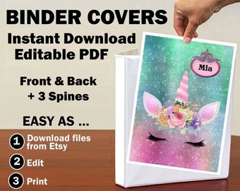 Editable Binder Cover Folder Insert Unicorn School Supply For Girls Student Teacher Back To School Supply Printable Instant Download PDF