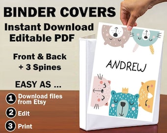 Editable Binder Covers Folder Inserts With Spines Childrens Woodland Animals Grade School Student Teacher Digital Printable Instant Download