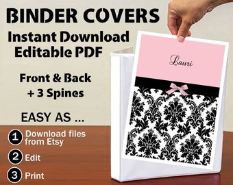 Editable Binder Cover Folder Insert Spines Name Girly Black Pink Damask Back To School Student Teacher DIY Instant Download PDF