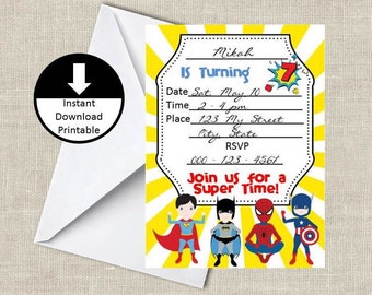 Super Boy Hero Birthday Party Invitation Fill in DIY Download Printable PDF Instant Download