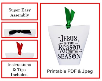 Printable Christmas Religious Gift Box Favor Bag Treat Paper Container Template Jesus Is The Reason Event Supply DIY Instant Download