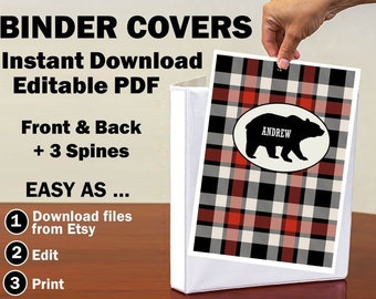 Editable Binder Cover Folder Insert Bear Buffalo Plaid Lumberjack Woodland With Spines Student Teacher Printable Instant download PDF