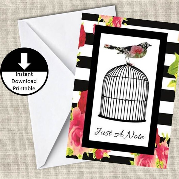 Bird on Cage Just A Note Card DIY Printable Instant Download