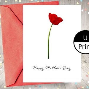 Tarjeta imprimible simple madres día único real flor roja rosa de los niños DIY PDF JPEG PNG Digital Descarga instantánea