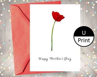 Printable Card Simple Mothers Day Single Real Red Flower Rose From Kids Children DIY PDF Jpeg PNG Digital Instant Download
