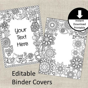 Binder Covers Insert Doodle Color Page Adult Color Page School Student Teacher Editable Binder Cover Printable Set of 2 Flowers Birds