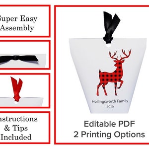 Bearbeitbare druckbare Weihnachten Buffalo Plaid Hirsch Geschenk geben Box Gunst Tasche behandeln Papier Vorlage Party Versorgung Event Arbeit DIY Instant Download