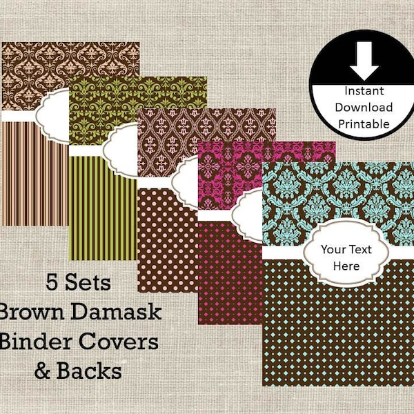 Binder Covers Print Office School Student Teacher Brown Damask Instant Download  Editable Printable PDF PNG Jpeg Set of 5