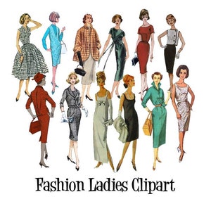 Clip Art 50's 60's Sewing Pattern Vintage Fashion Ladies Set of 12 Digital Images PNG Transparent Instant Download image 1