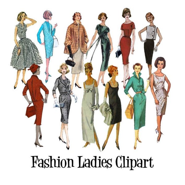 Clip Art 50's 60's Sewing Pattern Vintage Fashion Ladies Set of 12 Digital Images PNG Transparent Instant Download