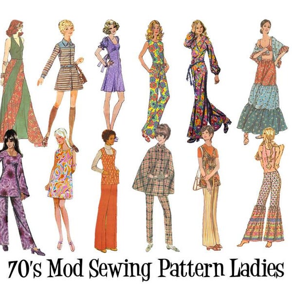Clip Art 70's Vintage Retro Mod Fashion Sewing Pattern Ladies Set of 12 Digital Images PNG Transparent Instant Download