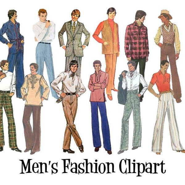 Clip Art 50's 60's 70's Mens Sewing Pattern Vintage Fashion Set of 12 Digital Images PNG Transparent Instant Download