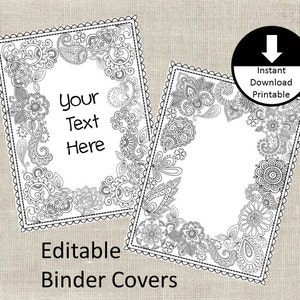Binder Covers Insert Doodle Color Page Adult Color Page School Student Teacher Editable Binder Cover Printable Set of 2 Floral Paisley