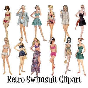Clip Art 50s 60s70s Vintage Retro Swimsuit Mod Fashion Sewing Pattern Ladies Set of 12 Digital Images PNG Transparent Instant Download