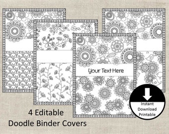 Instant Download Doodle Color Page Binder Cover Insert Adult Color Page School Student Teacher Planner Editable Printable Set of 4 Fronts