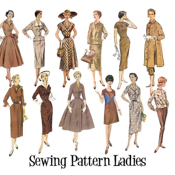 Clip Art 50's 60's 70's Sewing Pattern Vintage Fashion Ladies Brown and Tan Set of 12 Digital Images PNG Transparent Instant Download