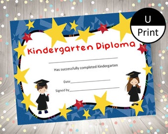 Kindergarten Graduation Child Kid Diploma Certificate Award DIY Party Supply Instant Download Printable PDF Boy and Girl