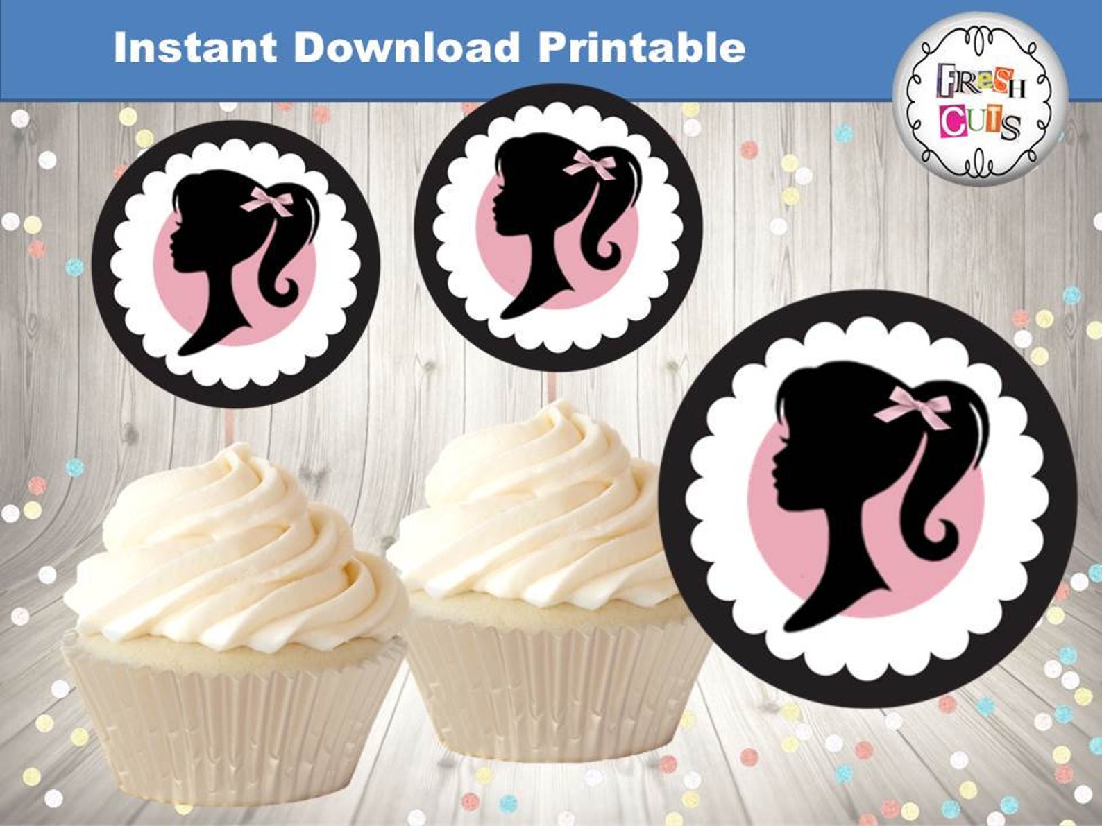 Printable Classic Doll Cupcake Toppers Black White Pink Get Etsy