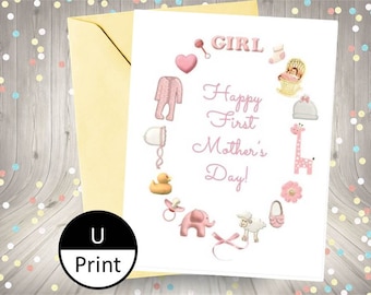 Printable Card Happy First Mothers Day Pink Baby Girl Stuff DIY PDF Jpeg PNG Digital Instant Download
