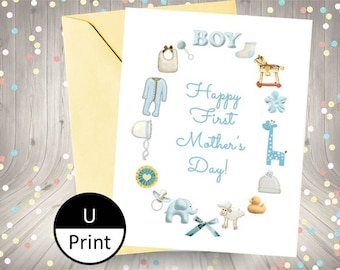 Printable Card Happy First Mothers Day Blue Baby Boy Stuff DIY PDF Jpeg PNG Digital Instant Download