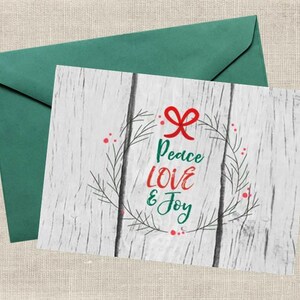 Printable Christmas Holiday Card Trendy Wood With Wreath Peace Love Joy Blank Inside Digital PDF PNG Jpeg Instant Download