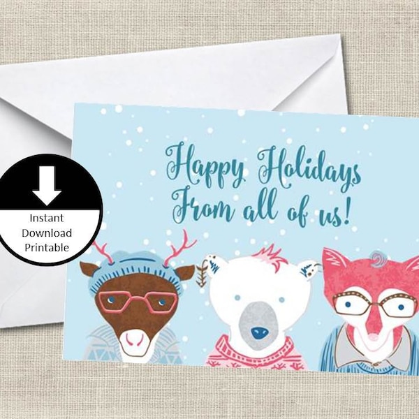 Printable Christmas Card From All Of Us Hipster Woodland Forest Holiday PDF and Jpeg Printable Digital Instant Download