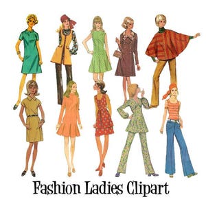 May include: A digital clipart set of ten women wearing various 1960s and 1970s fashion styles. The women are wearing dresses, pantsuits, and a variety of accessories. The clipart is in a vintage style and would be perfect for use in scrapbooking, card making, or other craft projects.