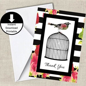 Instant Download vogel in kooi Opmerking Bedankkaart DIY afdrukbare