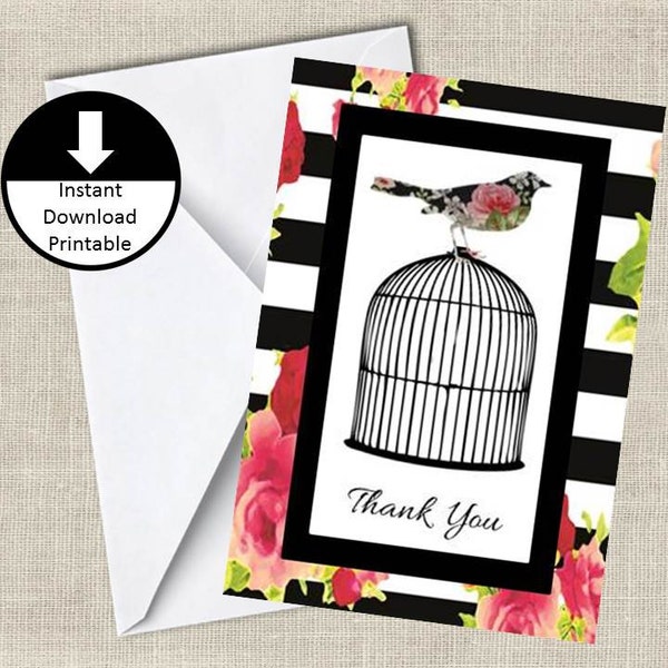 Instant Download Bird on Cage Thank You Note Card DIY Printable