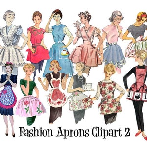 Clip Art 40&#39;s 50&#39;s 60&#39;s 70&#39;s Sewing Pattern Vintage Fashion Aprons Set of 12 Digital Images PNG Transparent Instant Download