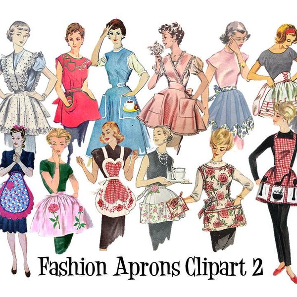 Clip Art 40's 50's 60's 70's Sewing Pattern Vintage Fashion Aprons Set of 12 Digital Images PNG Transparent Instant Download