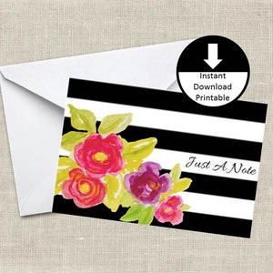 Stripe en aquarel bloemen gewoon een Note Card DIY afdrukbare Instant Download