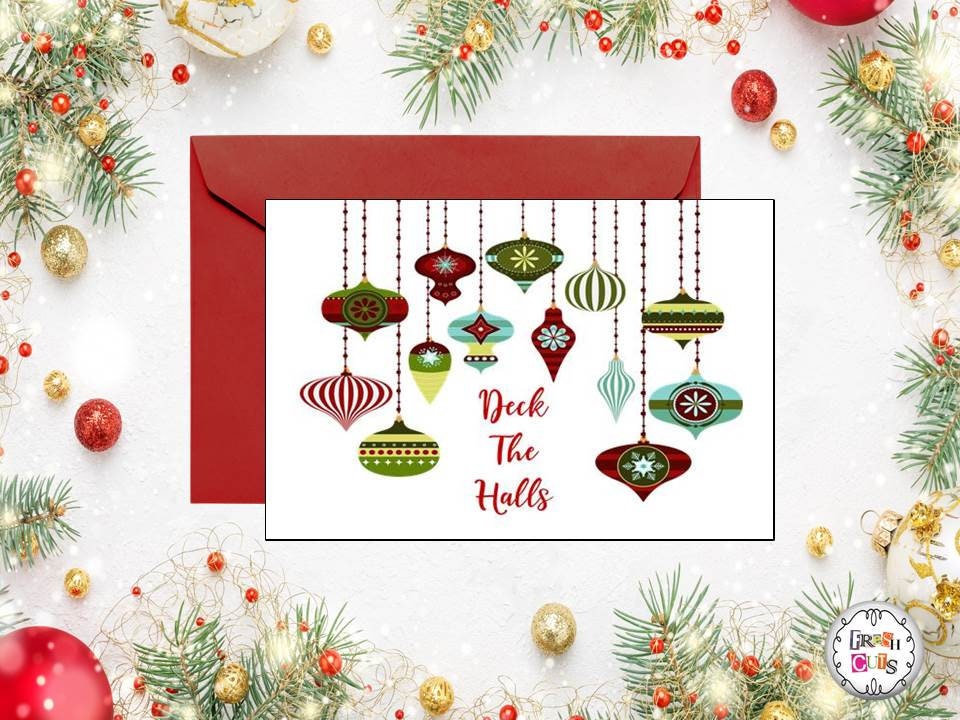 Printable Christmas Holiday Card Deck The Halls Retro Tree Ornaments Blank Inside Digital PNG Jpeg Instant Download