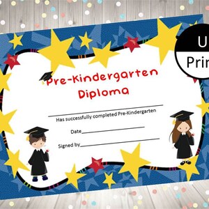 Pre-Kindergarten Graduation Child Kid Diploma Award DIY Party Supply Instant Download PDF Boy and Girl