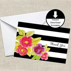 Instant Download Stripe en aquarel bloemen dank u opmerking kaart DIY afdrukbare