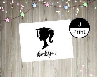 Graduation Girl Thank You Card DIY Party Supply High School Digital Printable PDF Instant Download Blank Inside Black and White