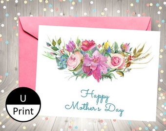 Printable Mothers Day Card Watercolor Flower Bouquet DIY PDF Jpeg PNG Digital Instant Download