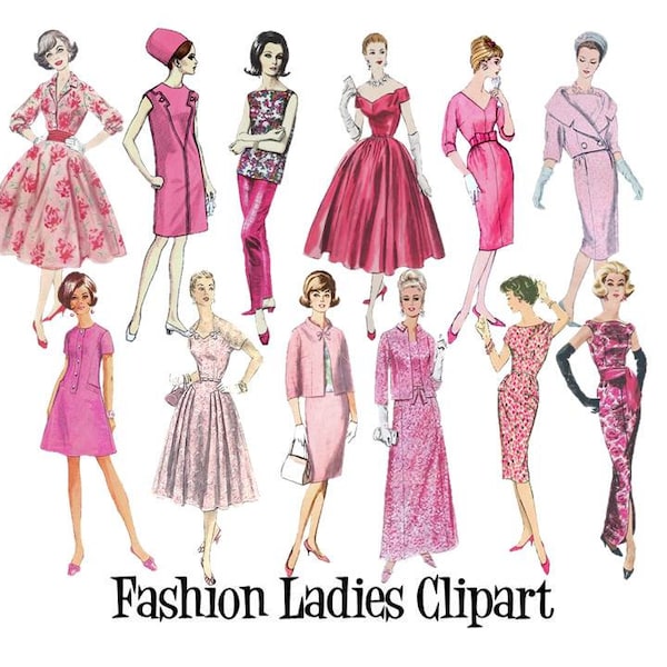 Clip Art 50's 60's 70's Sewing Pattern Vintage Fashion Ladies In Pink Set of 12 Digital Images PNG Transparent Instant Download