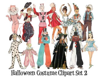 Halloween Costume Clip Art Vintage Retro Fashion Set of 13 Digital Art Images PNG Transparent Instant Download Set 2