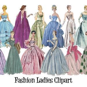 Clipart 50&#39;s 60&#39;s 70&#39;s Vintage Ladies Fashion Evening Gown Dresses Sewing Pattern Set of 12 Digital Images PNG Transparent Instant Download