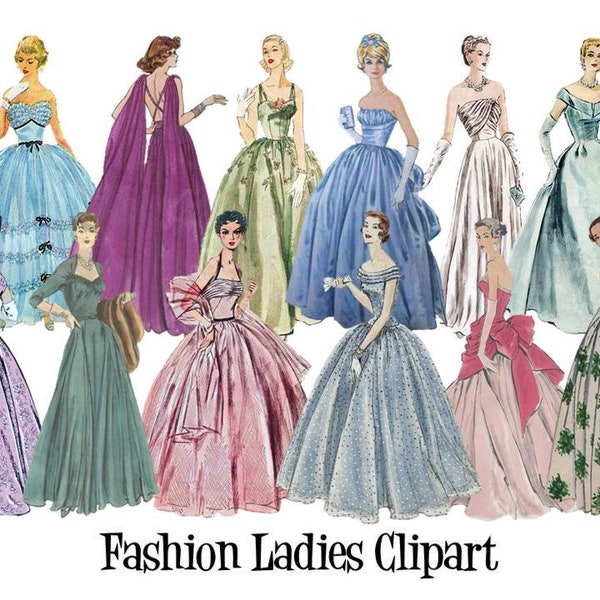 Clipart 50's 60's 70's Vintage Ladies Fashion Evening Gown Dresses Sewing Pattern Set of 12 Digital Images PNG Transparent Instant Download
