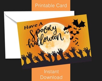 Spooky Halloween Card Teens Zombie Reaching Hands Bats Kids Children DIY Printable Digital Instant Download PDF Jpeg